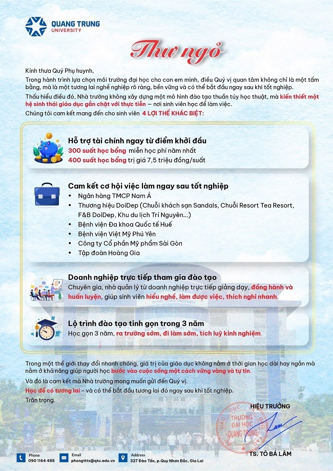 Thư ngỏ của Hiệu trưởng Trường Đại học Quang Trung